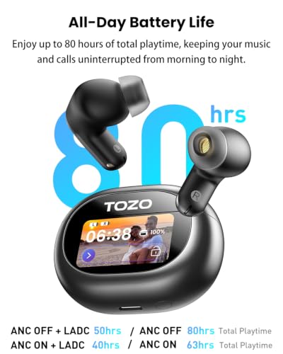 Image of TOZO NC20 Pro Active Noise Cancelling Wireless Earbuds with Smart Touch Screen, LDAC Hi-Res Audio, Stereo Bass, 6 Mics AI Call Ear Buds, 80H Playtime, IPX8 Waterproof, 32 EQ via App, Wireless Charging