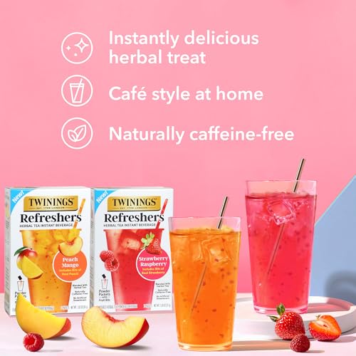 Image of NEW Twinings Strawberry Raspberry Refreshers, Herbal Tea Instant Beverage with Real Strawberry Fruit Bits, 5 Count (Pack of 2), Cafe Style, No Artificial Sweeteners, Naturally Caffeine-Free, 5 Packets