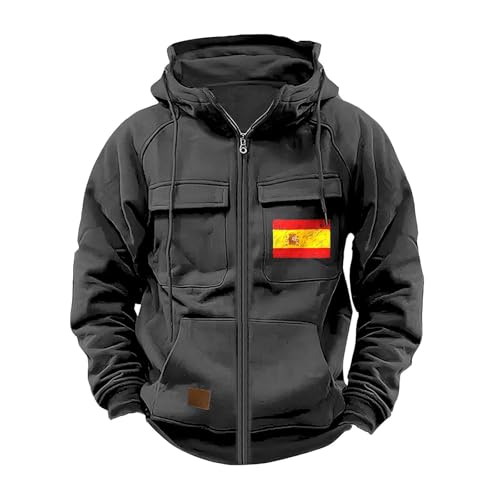 Chaquetas tácticas tipo cargo con capucha para hombre, estilo casual, a la moda, con estampado de la bandera de España, con cremallera completa, bolsillos, con cordón, sudadera para deportes al aire