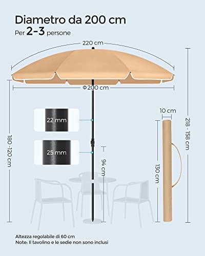 SONGMICS Ombrellone di 160 cm, UPF 50+, Inclinazione Bidirezionale a 30°, Altezza Regolabile, con Borsa da Trasporto, per Balcone Giardino Terrazzo Spiaggia, senza Base, Tortora GPU60BR - 7