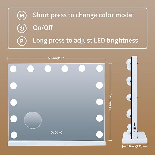 Image of Vanity Mirror with Lights Lighted Makeup Mirror with Dimmable LED Bulbs,3 Color Lighting Modes,USB Charging Port Touch Control,Sturdy Metal Frame Design,White (50x40cm, 4.70)