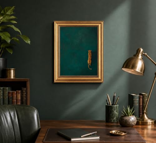 Image of Gold Framed 3D Textured Wall Art, Vintage Green Cheetah Canvas Prints, Minimalist Emerald Green Leopard Pictures Decor, Modern Trendy Animal Gallery Artwork for Living Room Bedroom Office 24x16 in