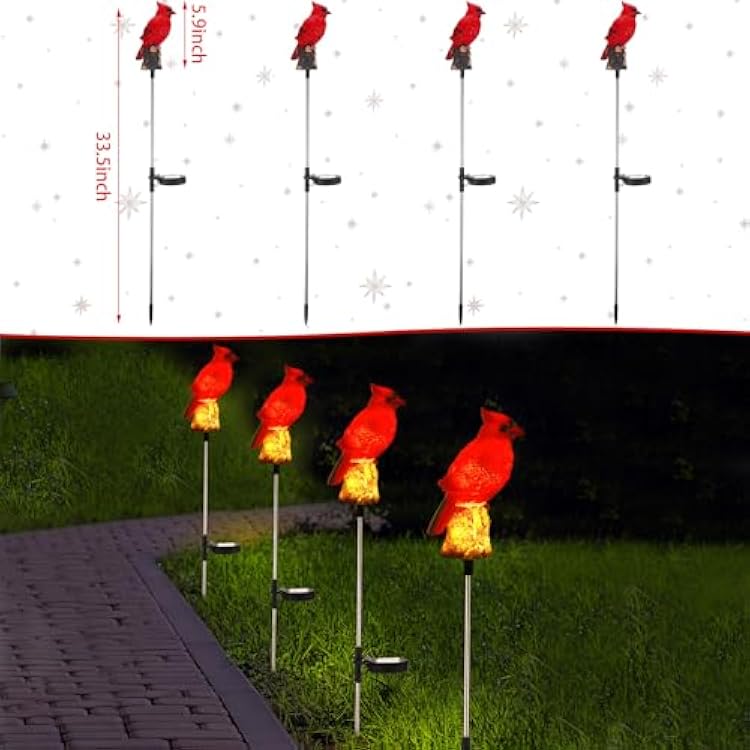 Baquler 4 Pack Solar Cardinal Gifts Stake Light Cardinal Decor Garden Red Bird Figurine Memorial Solar Light Outdoor Pathway Yard Lawn Ornaments for Summer Mom Outside Decorations Grave Women