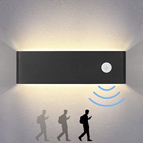 MAHGOUB 12W Applique Murale Interieur Avec Détecteur de Mouvement pour, 3000K blanc chaud Moderne Up Down LED Appliques Murales Convient pour couloir/escalier/garage/passage/salon (noir