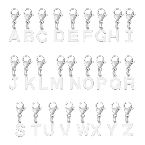 UNICRAFTALE 26Pcs 26 Styles 201 Stainless Steel Alphabet Charms Pendants Set Metal A-Z Letter Pendants 25mm Long Letter Charms with 304 Stainless Steel Lobster Claw Clasps for Jewelry Making