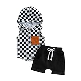 Toddler Baby Boy Summer Clothes Sleeveless Checkerboard Plaid Hoodie Tank Tops+Casual Shorts Set Cut