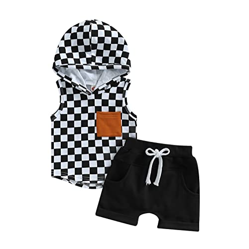 Toddler Baby Boy Summer Clothes Sleeveless Checkerboard Plaid Hoodie Tank Tops+Casual Shorts Set Cute Outfits (Hooded-Black,2-3T) #TOP7