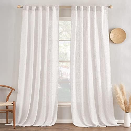 Slozzi Natural Linen Pure White Curtains 108 inches Long Rod Pocket/Back Tab Semi Sheer Drapes for Living Room Linen Textured Window Draperies Light Filtering Rustic Boho Decor 2 Panels,52x108 Inch