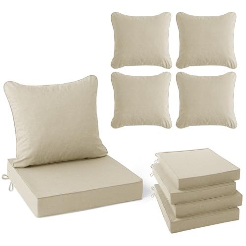Image of Summsun Patio Chair Cushions Set of 4, Faux Linen Outdoor Furniture Cushions, Water Resistant Backrest and Deep Seat Cushion Set with Straps, Removable Cover, Non-Slip Bottom, 22 x 22 Inch, Beige