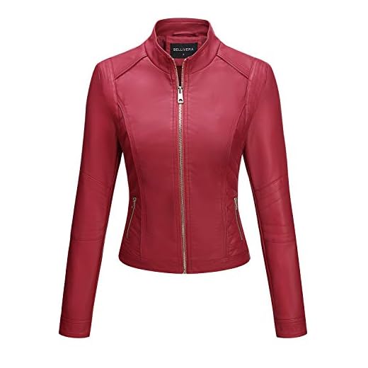 BELLIVERA Chaqueta de Cuero PU para Mujer(3 colores), Chaqueta con Bolsillos con Cremallera, Chaqueta corta Para el Otoño, Primavera, Rojo, XL
