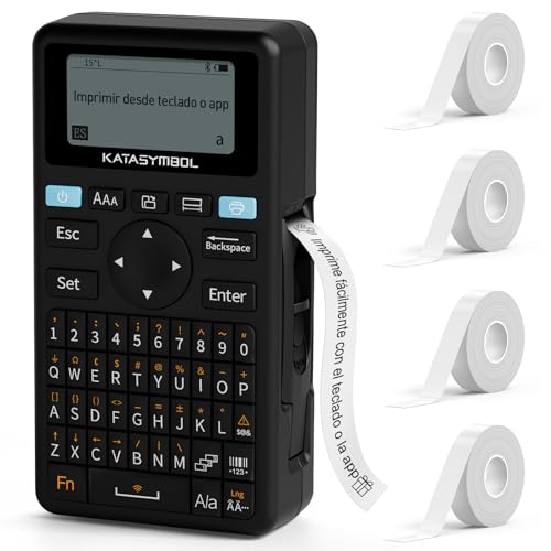 SUPVAN E11 Etiquetadora Teclado QWERTY/Bluetooth de Doble Uso, con 4 Rollos Continuo de Etiquetas (15mm × 6m), para la Escuela, la Oficina y el Hogar