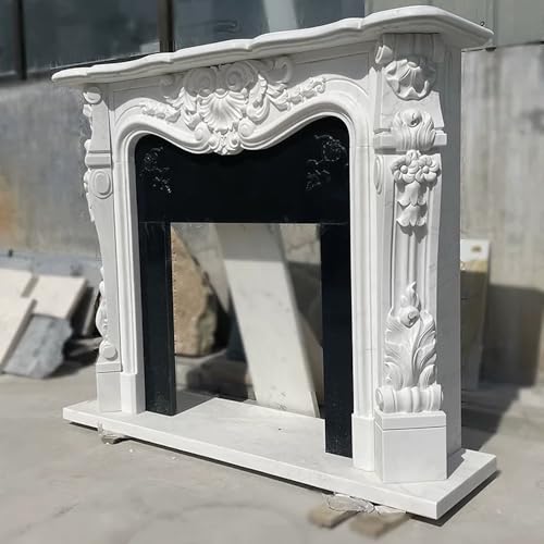 Image of Villa Marble Fireplace Mantel Surround Kit - 59 inch x 47 inch with Shelf and Trim, Natural Stone, Carved Living Room Design