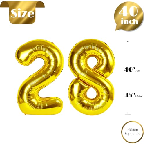 Image of Gold Number 28 Balloon 40 inch, 28 Number Balloons, 28th Gold Birthday Decorations, 28 Year Old Women Men Golden Party Supplies