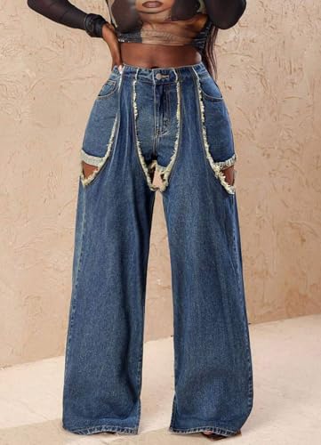 Women's Baggy Y2k Ripped Denim Pants High Waist Cutout Patchwork Boyfriend Wide Leg Jeans Stretchy Cargo Pants Streetwear2