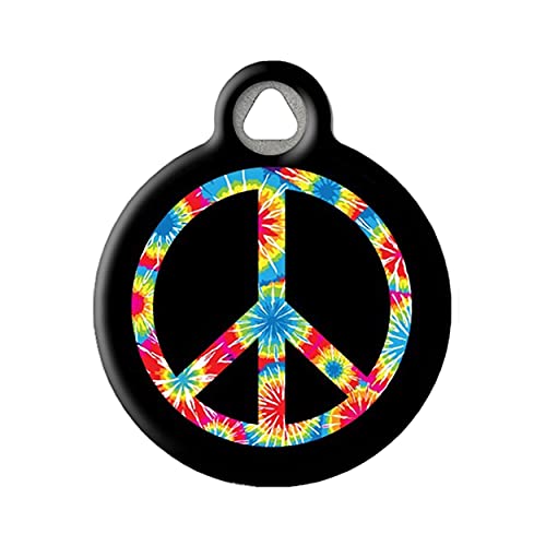 Dog Tag Art Tie Dye Peace Symbol Custom Pet ID Tag for Dogs and Cats, Silent Polymer Coated Stainless Steel Nametag - Large 1.25