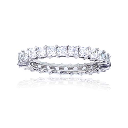 Sterling Silver 925 Rhodium Plated 2.50mm Princess Square Cut Eternity Band | Simulated Diamond Cubic Zirconia | Eternity Band Ring for Women | Gold Ring for Women | Stackable Ring | Engagement Band | Sizes 5-12