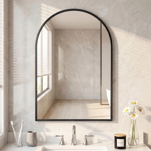 Image of NEWBULIG 26 inchx38 inch Arched Wall Mirror, Bathroom Mirrors for Over Sink, Black | Matte Metal Framed Vanity Mirror with Tempered Glass, Entryway, Living Room, Bedroom