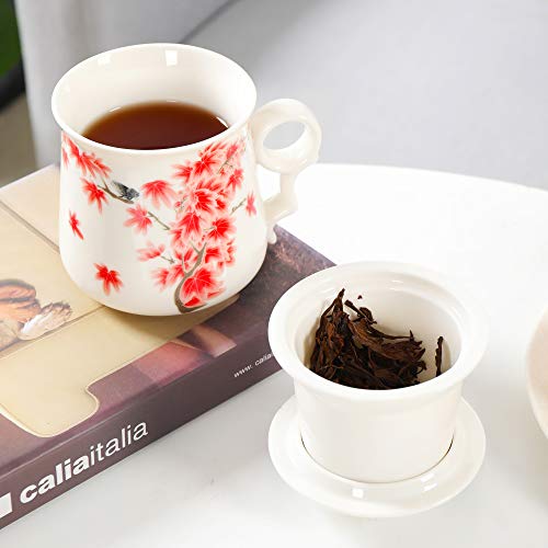 TEANAGOO M01-4 Ceramic Tea-Mug with Filter/Steeper and Lid, 13.7OZ, Red Leaves, Portable Ornament infuser,Infused Tea-Cup, Brewing Filter, Steeper Men Mom, TEANAGOO Maker