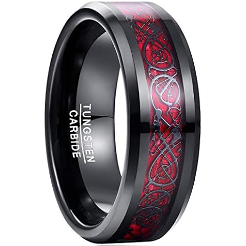 NUNCAD Unisex Ring Paare Wolfram mit Keltischen Drachen + Kohlefasern Rot für Hochzeit Valentinstag Trauung Party Größe 57 Cover