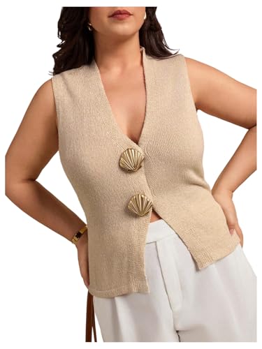 Verdusa Women's Plus Size Old Money Tie Back Sweater Vest Button Front Knit Tops