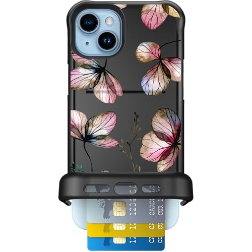 Scooch for iPhone 15 Plus Case with Card Holder, Wingmate Wallet Case with Hidden Card Slot and RFID Protection, Holds 3 to 4 Cards, 10-Foot Drop Protection, Dried Flowers