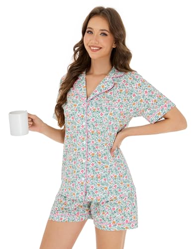 Image of LUBOT 100% Cotton Pajamas for Women 2 Piece PJ Set Poplin Woven Lightweight Ladies Button Short Sleeve Sleepwear S-XXL