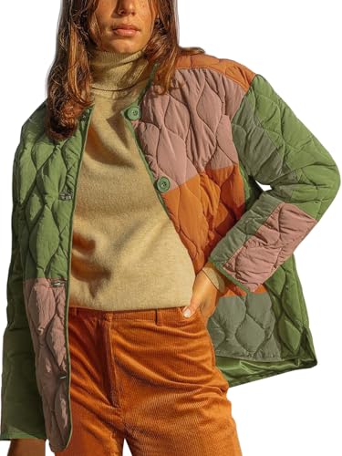 Tankaneo Womens Color Block Quilted Lightweight Jacket Oversized Collarless Puffer Coat Button up Outerwear