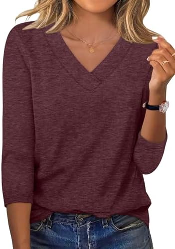 XIEERDUO 3/4 Length Sleeve Womens Tops V Neck Fall Clothes Basic Blouses Dressy Casual 2025 Early Fall Fashion Must Haves