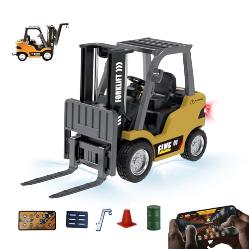 1:64 Alloy RC Forklift Toy - Remote Control Forklift with Liftable Forks,RC Crane, APP Control, STEM Educational Construction Vehicle for Kids Age 8-12