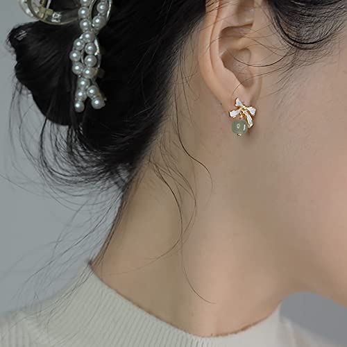 Looyuupee Natural Hetian Jade Beaded Pendant Stud Earrings Bow-Knot Drop Green Jade Ear Studs For Women Gold Earring Jewelry Gift For Mom Lover Her (925 Sterling Silver With Gold Plated) #TOP6