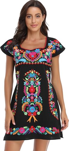 Image of YZXDORWJ Women Mexican Embroidered Dress Ruffle Collar Sleeveless