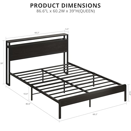 Image of LIKIMIO Queen Bed Frame with Headboard, Dark Wood Camas Queen with Strong Supports, Sturdy, Noise-Free, No Box Spring Needed, Classic Black