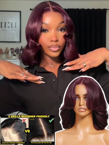 Image of Sunber Black Cherry Body Wave Bob Wig Human Hair Pre Cut 7x5 Glueless Lace Front Drawstring Wig with Curtain Bangs Natural Hairline Bye Bye Knots Pre Plucked Put and Go Wig for Women 12Inch