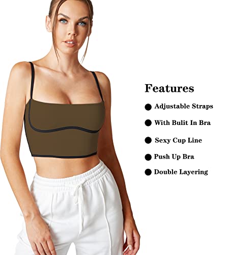 Image of Sleeveless Spaghetti Strap Padded Sports Bra Tank Tops Square Neck Double Layer Workout Fitness Basic Crop Tops