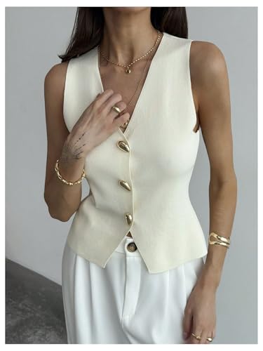 SOLY HUX Women's V Neck Sweater Vest Sleeveless Metal Button Down Knit Casual Tank Tops3