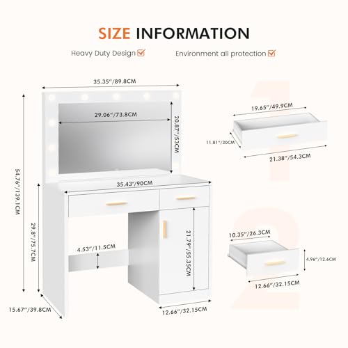 Image of Sweetcrispy 35 inch Large Vanity Desk with 11 LED Bulbs Mirror & Power Outlet