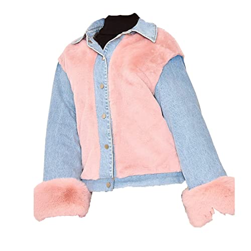 Veste en jean molletonnée pour femme avec patchwork et col revers doublé