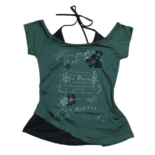 Baby Tee Y2k Women Grunge Top Emo 2000s Vintage Fake Two Piece Short Sleeve T Shirt Crop Tops Teens