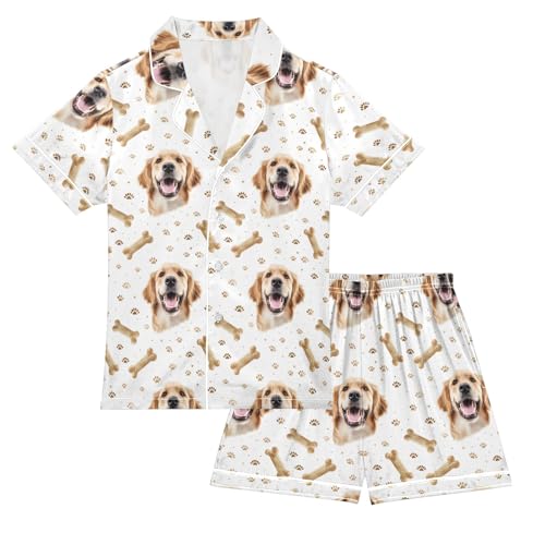 Dog with Bones Prints Summer Satin Pajama Set, Cute Button-Down Sleepwear Pj Set for Sleep Wears