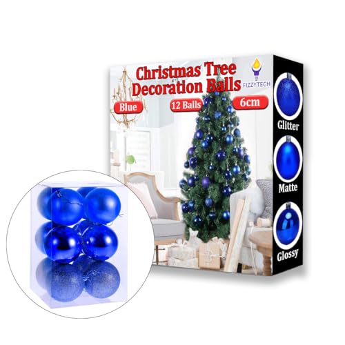 Image of fizzytech Shatterproof Christmas Balls Ornaments Pack of 12 Blue Hanging Balls Size 6cm Perfect Xmas Tree Decorations (6cm Blue 12 Pc)