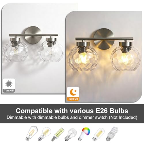 Image of Brushed Nickel 2-Light Bathroom Vanity Light Fixture Over Mirror, Hardwired