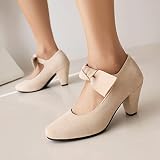 elerhythm Damskie kokardki Mary Jane Bow w stylu retro z lat 50. XX wieku, ze sztucznego zamszu, zamknięte, okrągłe pompki na palcach w stylu lat 20., Gatsby, do biura, wygodne buty Bowtie Dressy,