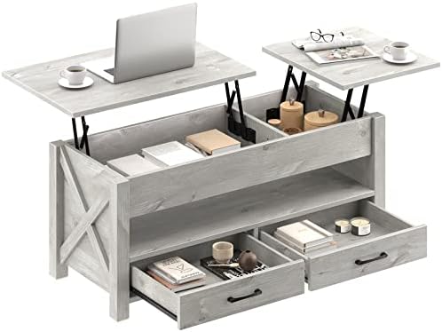 Seventable Coffee Table, 47.2" Lift Top Coffee Table with 2 Storage Drawers and Hidden Compartment, X Wood Farmhouse Support, Retro Center Table with Wooden Lift Tabletop, for Living Room,Gray