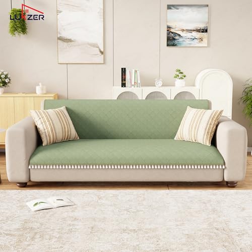 Image of Lukzer Quilted Sofa Cover Mat with Tassels for 3 Seater Sofa - Mint Green | Soft Washable Anti-Slip Protector for Living Room | Furniture Cover for Back-Seat Slipcover 180X150CM / SC-199-3T