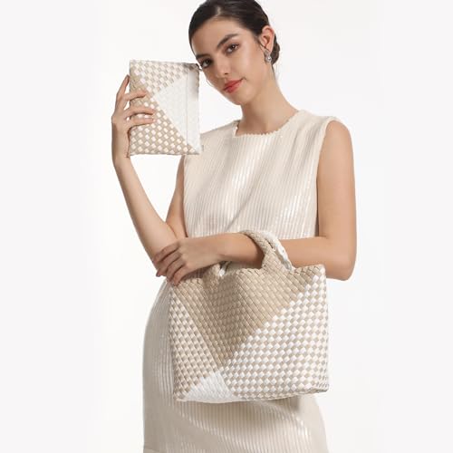 Image of Woven Bag for Women, Neoprene Tote Bag Summer Beach Handbag Purse Retro Handmade Travel Shoulder Bag Set