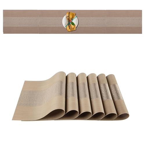 Image of Dining Table Placemats & Runner Set - Heat Resistant, Washable & Stain Resistant Woven Vinyl Mats | Table Runner & 6 Placemats Set for Stylish Dining (45x30 cm Placemats, 180x30 cm Runner)