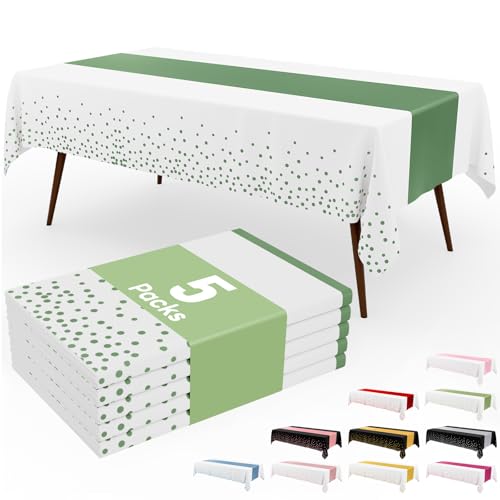 Image of Smiry Plastic Table Cloth Disposable 5 Pack, 54 x 108 Inch Rectangle Waterproof Tablecloth, Printed Gold Table Runner Style for Birthday Weeding, Party, Leakproof & Sturdy, White and Sage Green