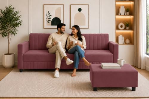 Image of Modern 3-Seater Velvet Sofa with Ottoman | Vertical Channel Tufted Backrest | Plush Cushioned Seating | Stylish Contemporary Sofa for Living Room, Bedroom & Office | Rose Pink