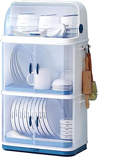 Arfobug 蓋付き防塵食器水切り、プラスチック製排水バスケット、キッチン収納ラック、食器収納ボックス、蓋付きキッチン収納、食器水切りバスケット、食器乾燥ボックス、蓋付き二層プラスチック段食器棚、ほとんどの大型キッチンデザインに適しています (カバー付き
