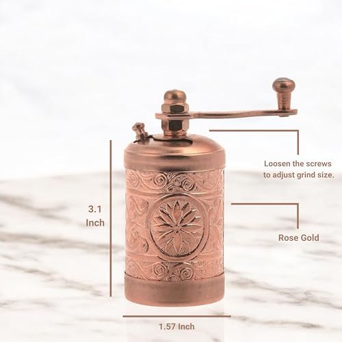 LaModaHome Rose Gold Manual Hand Grinder Mill for Turkish Greek Arabic Coffee Beans & Spice Pepper Salt, Brass